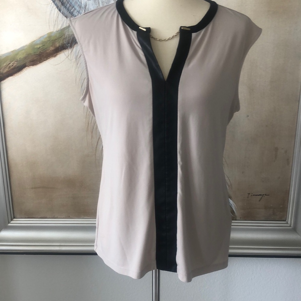 NEW LISTING! Calvin Klein Cream and Black Sleeveless Blouse with Mandarin Collar